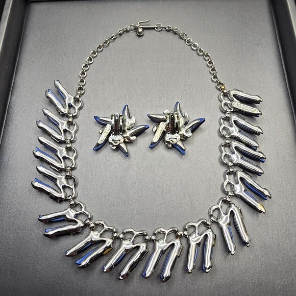 VTG Claudette Thermoset Choker Necklace & Earrings Blue Silver Tone 50s Set of 2 - Picture 8 of 16